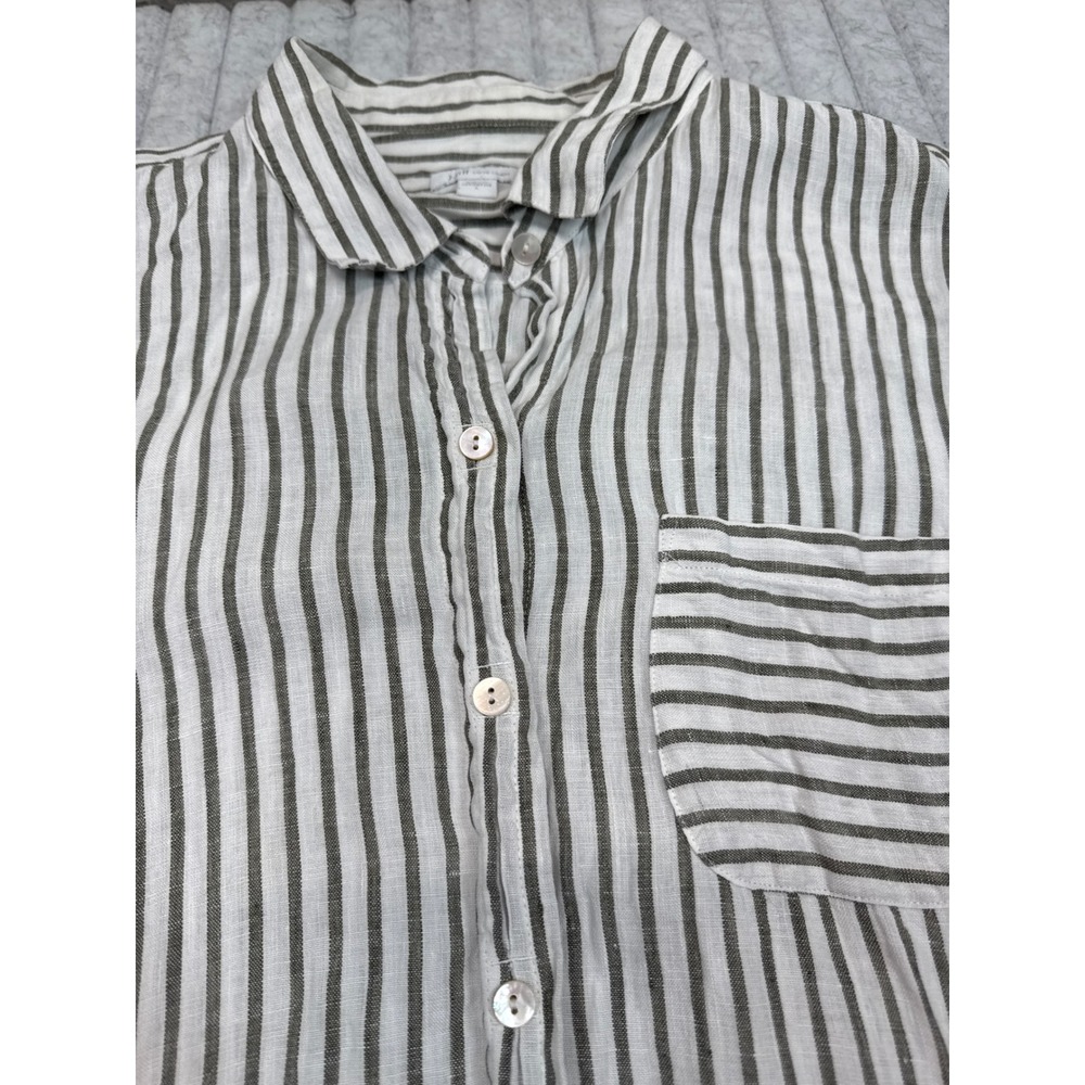 J. Jill‎ Love Linen Striped Button Down Shirt Olive Green White Womens Large L